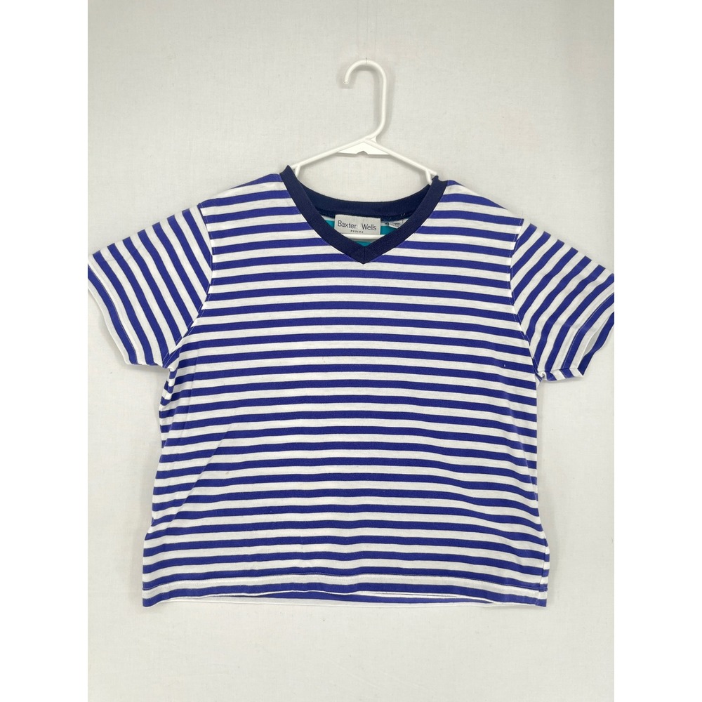 Baxter Wells Petite Striped V-Neck T-Shirt Blue White Short Sleeve Size PL